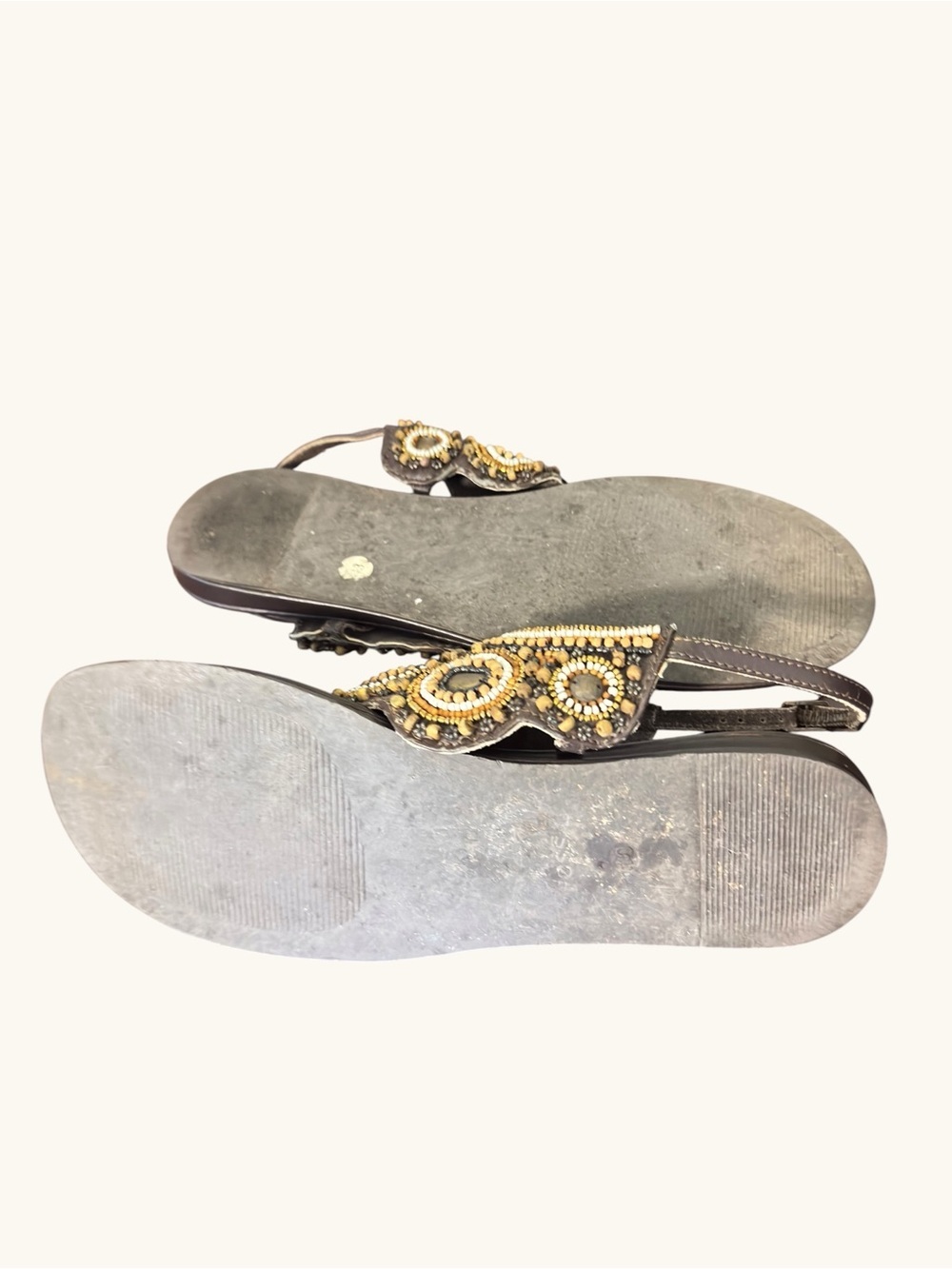 Fossil Size 10 Brown Beaded Leather Thong Sandals Boho Slingback Gladiator - Picture 8 of 11